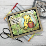 Card with Pooh and honey pot over the Hundred Acre Wood map: 'Thinking of your sweet face everyday.'
