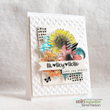 The bloom cluster on a textured white card with a fussy-cut bouquet — 'Hi Hey Hello, love you dearly.'