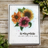 The floral spray in warm tones on a speckled black-frame card — 'Hi Hey Hello, you have been on my mind.'