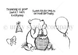 Black-and-white stamp set of classic Winnie the Pooh with a honey pot, a balloon, party hat, and bow, plus 'Thinking of your sweet face everyday' and 'Sweet little smiles on your birthday.'