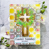The floral cross on a bright card patterned with colorful concentric circles, captioned 'Easter Sunday Blessings.'