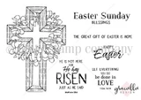 A wooden cross wrapped in a leafy floral wreath, with Easter sentiments including 'Easter Sunday blessings', 'The great gift of easter is hope' and 'He is not here for he has Risen just as he said' - the full stamp set.