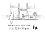 Line-art stamp of a cat on a windowsill with potted plants and a fan, and 'Have the best day ever' and 'hi.'