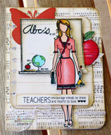 Card with Jen girl colored in a coral dress beside the chalkboard frame and a red apple, over alphabet print paper with a red butterfly and the teachers sentiment on a white strip.