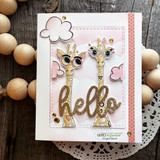 Handmade card featuring the trio of tall giraffes with fluffy clouds, on a golden watercolor sky, stamped with 'Stand tall, we are in this together'.