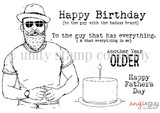 Red rubber stamp set of a bearded man in a hat and sunglasses with 'Happy Birthday (to the guy with the badass beard)' and 'Happy Father's Day.'