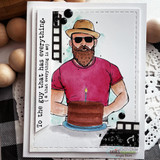 Card of the bearded guy in pink holding a birthday cake with 'To the guy that has everything.'