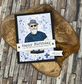 Blue-panel card of the bearded man with 'Happy Birthday.'
