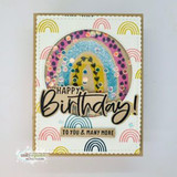 Birthday card made with Rainbow Wishes papers, a beaded rainbow arch above the sentiment happy birthday to you and many more on a white panel.