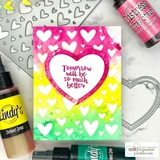 Bright hearts-background card built with a Dashes and Frills die-cut heart frame.