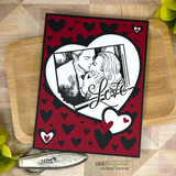 Red-and-white love card framed with a Dashes and Frills scalloped heart die cut.