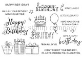 Uncolored red rubber gifts, cake, balloon and birthday sentiment stamps by Lisa Arana.