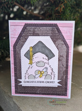 Graduation gnome on a soft pink layered card with 'Congratulations Gnomie!'