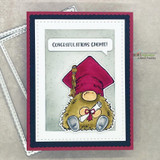 Graduation gnome on a gray card with a 'Congratulations Gnomie!' speech bubble.