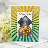 Graduation gnome on a green-and-gold sunburst card with 'So Proud Of You.'