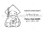 Red rubber stamp sheet with a round gnome in a tasseled mortarboard holding a rolled diploma, beside sentiments reading 'Congratulations gnomie', 'So Proud of you' and 'Follow your dreams gnome matter what'.