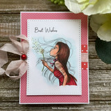 The girl in a red dress on a pink polka-dot card with a bow, with "Best wishes."
