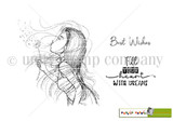 Line-art stamp of a girl in profile with long flowing hair blowing a dandelion, seeds scattering, with sentiments "Best wishes" and "Fill your heart with dreams."