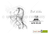 Red rubber stamp sheet with a girl in profile, long hair streaming, blowing the seeds off a dandelion, beside sentiments reading 'Best Wishes' and 'Fill your heart with dreams'.