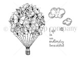 Endlessly Beautiful red rubber stamp sheet by Angie Blom: a hot air balloon formed of butterflies with clouds and 'Life is so endlessly beautiful.'