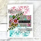 Daisy swag over a floral-stencil background, 'Happy Birthday.'