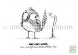 Red rubber stamp sheet with a startled wide eyed bird facing a tall worm, beside 'Hi' and 'ONE KIND WORD can change someone's entire day'.