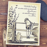 Sepia monochrome take on the fence scene on a scalloped card with the making-memories quote.