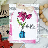 Layered pink and kraft card with text print papers, a magenta daisy in a blue vase and hello my friend stamped at the right.