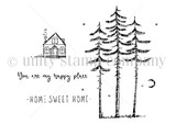 Red rubber stamp set of tall pine trees and a little house with 'You are my happy place' and 'Home sweet home.'
