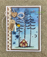 Night-sky card of the pines and glowing cabin with 'WARM WISHES.'