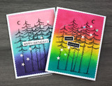 Two rainbow-blended tree cards reading 'HAPPY BIRTHDAY.'