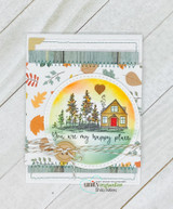 Autumn circle-scene card of the pines and cottage with 'You are my happy place.'