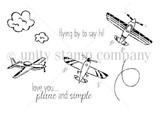 Line-art stamp of vintage propeller planes among clouds with looping vapor trails, plus the sentiments "Flying by to say hi!" and "Love you... plane and simple."