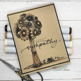 Black-and-white daisy bouquet in a vase on kraft card, 'deepest sympathy'.