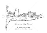 Red rubber stamp art of Winnie the Pooh seated on a branch with honey jars plus two delightful-day friendship sentiments