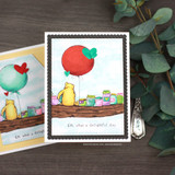 Classic Winnie the Pooh balloon cards in yellow and black scalloped frames stamped with 'Oh, what a delightful day'