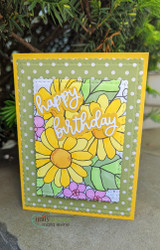Bright happy birthday card colored with golden sunflowers made by the Unity design team