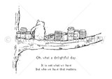 Red rubber stamp art of Winnie the Pooh seated on a branch with honey jars plus two delightful-day friendship sentiments