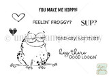 Line-art stamp of a cheerful frog with open and solid hearts and puns 'SUP?,' 'you make me hoppy,' 'TOAD-ally worth it,' 'hey there good lookin.'