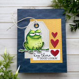 Card with the frog on a yellow stitched panel over navy with a column of red hearts, 'hey there good lookin.'