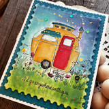 Orange and red camper among wildflowers on a teal scalloped card at night with tiny lights, stamped 'I'd go anywhere with you'.