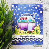 Starry navy sky over a red and white striped camper with flowers and a lace-edged 'I'd go anywhere with you' banner.