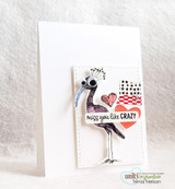 Clean card with the crane holding a patchwork heart and 'miss you like crazy.'