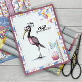 Card with the colored crane wearing a party crown over birthday papers and 'Wait...you're how old?'