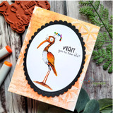 Orange-framed card with the crane in a party hat and 'Wait...you're how old?'