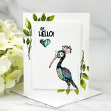 Card with the colorful crane and greenery sprigs and 'Oh, hello!'