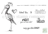 Red rubber stamp sheet with a crowned crane style bird beside a heart, carrying 'life is full of SURPRISES!' and 'WAIT.. you're how old?'