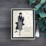 Doily-stenciled card of the lady with 'I'm too busy for more than one card this year.'