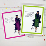 Pink and green pair of get-better-soon cards with the inky lady in colored dot dresses.