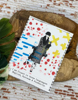 Stenciled X's and dots card with 'I am fluent in three languages: English, Sarcasm & Profanity.'